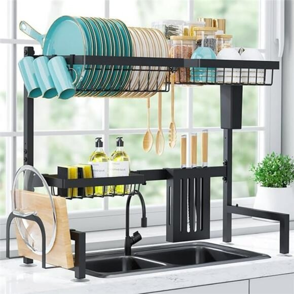 Over The Sink Dish Drying Rack Large Stainless Steel Kitchen Organizer Black - Picture 7 of 7